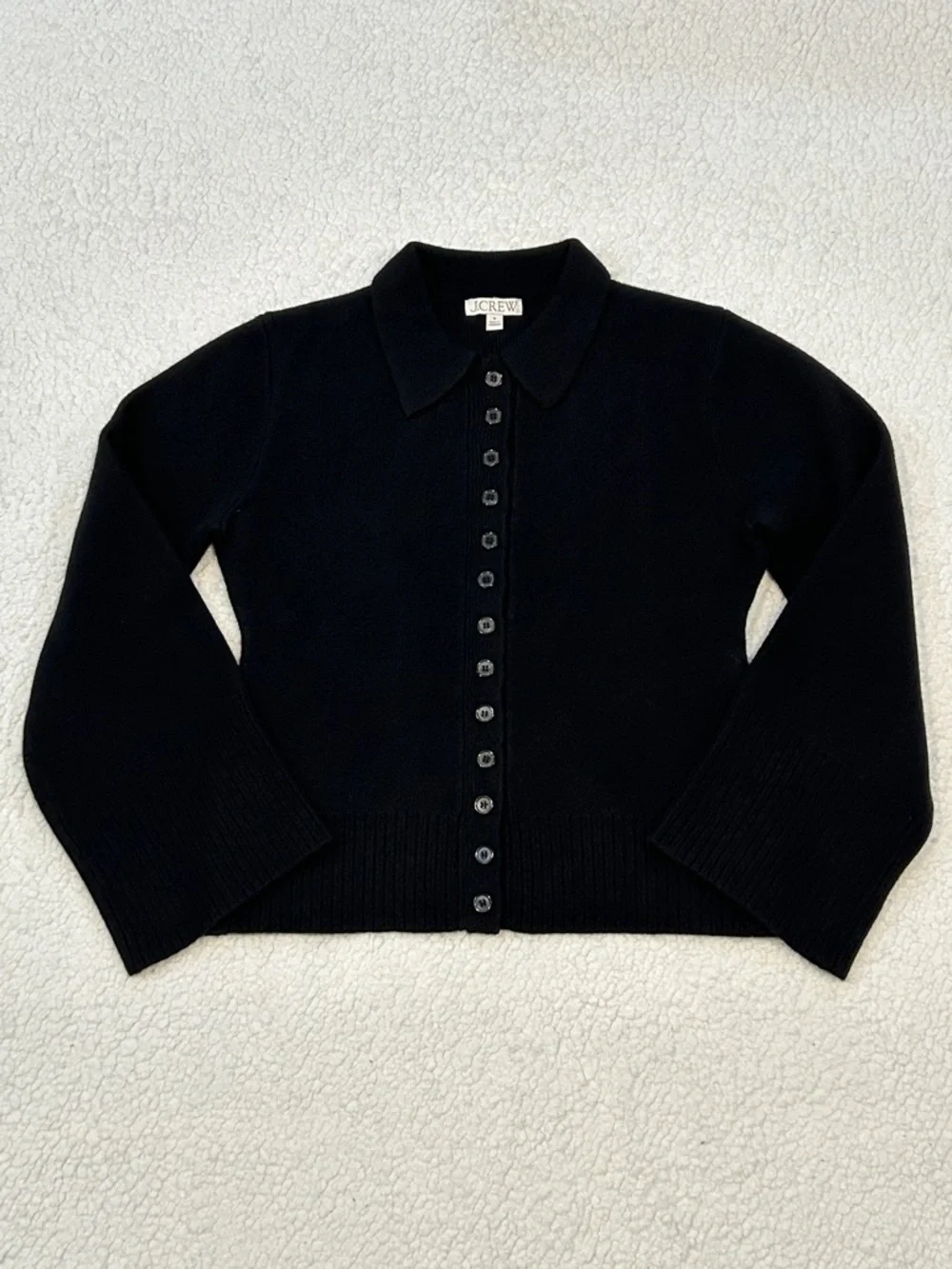 J. Crew Milano Stitch Cinched Waist Cardigan size Medium Black Wool Preppy